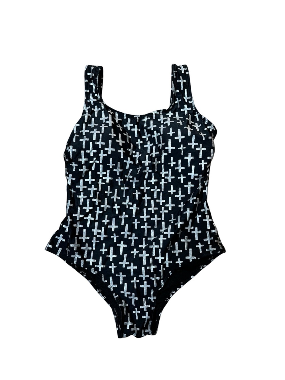 Emily B Originals Black Silver Metallic Foil Cross One Piece Swimsuit Swimwear S